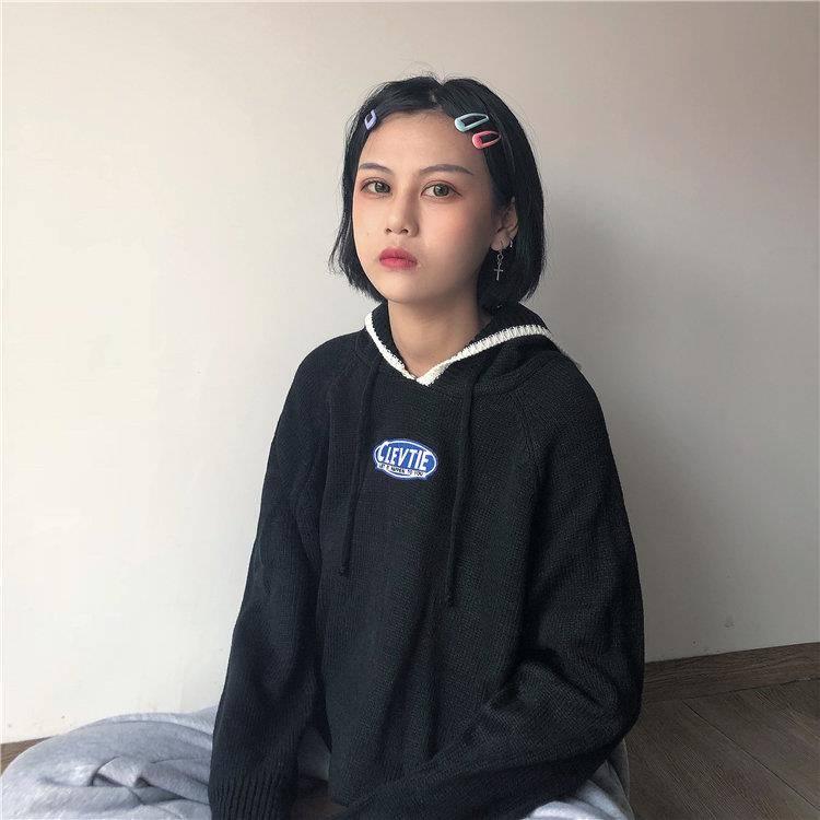 Pofulove Осень Зима Свободный свитер с капюшоном Женский бойфренд с длинными рукавами Пуловер Вязаное пальто XL чёрный 2163₽