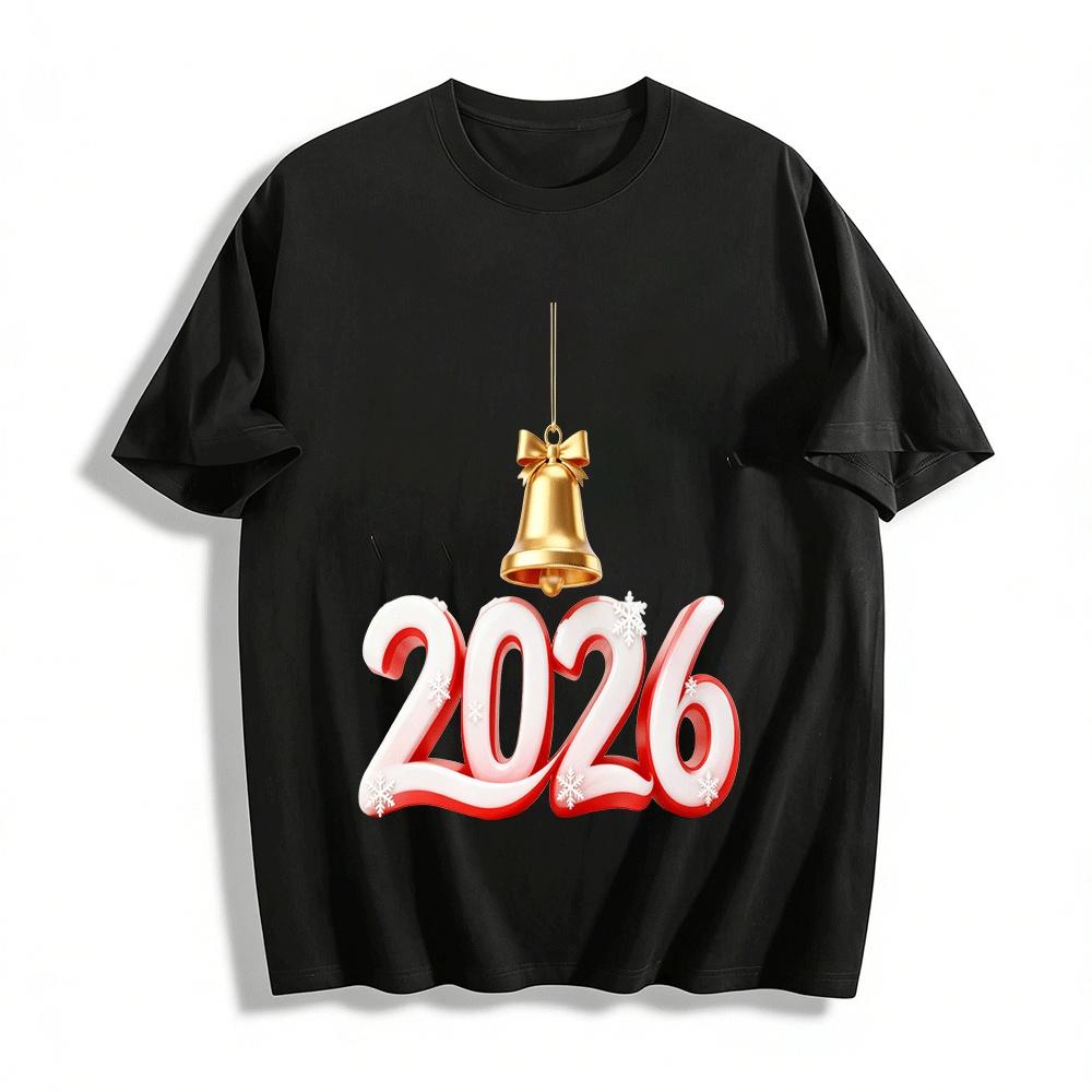 2026 New Year Bell Snowflake Print Casual Festive Top Pure cotton T-shirt XXS