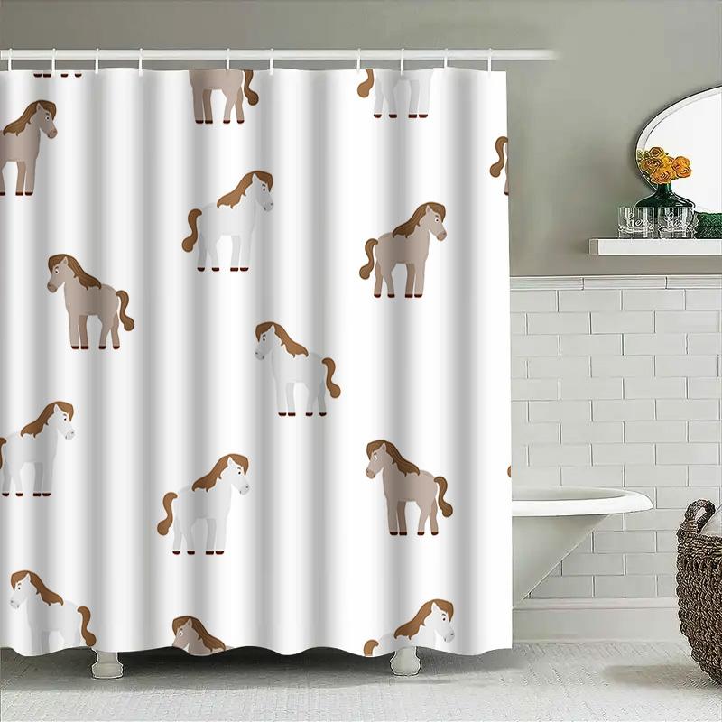 Animal Print Shower Curtain: Horse Design For Bathroom Decor Waterproof Fabric With Hooks Included (White, Brown Horses)