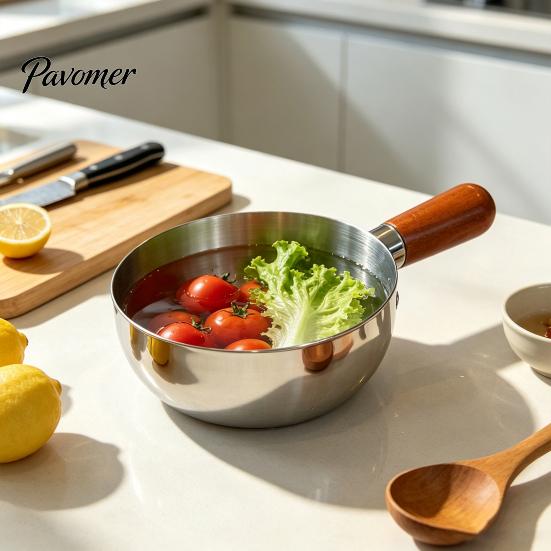 Nonstick Milk Pot with Wooden Handle Instant Noodle Lid And Handle, Stainless Steel Non-Stick Coated Induction Compatible Saucepan for Dorms
