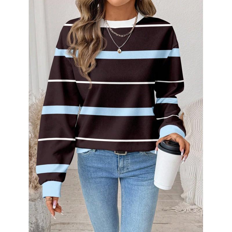 Womens Casual Striped Print Hoodie-Free Sweatshirt Loose Fit Round Neck Long Sleeve Top 2025