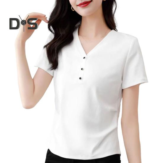Damen T-Shirt mit V-Ausschnitt und Knöpfen, kurzärmelig, schmale Passform, weich, elastisch, Pullover, Oberteile für den Pendlerstil