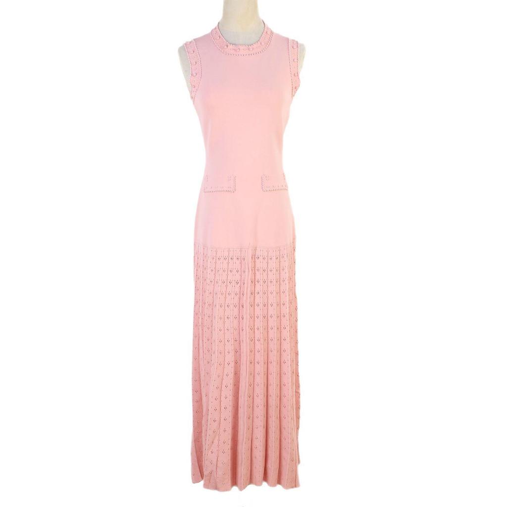 Elegant French Knitted Dress: Sleeveless, Beaded, Hollow-out Design, Slim Fit, Round Neck - Perfect for Spring/Summer