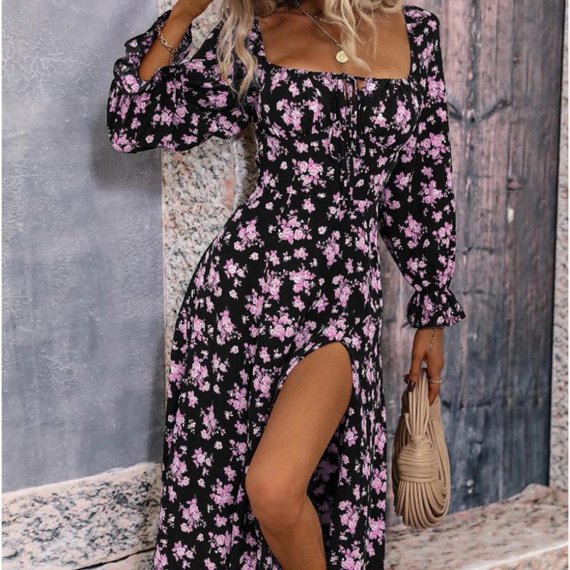 Floral Square Neck Dress - Long Sleeve Slit Hem Maxi