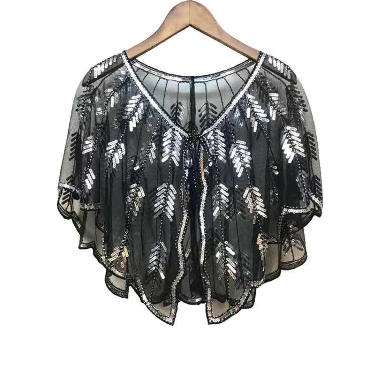 Retro Beaded Sequin Shawl Vintage Flapper Evening Cape Sheer Mesh Embroidery Leaf Women Bolero Party Accessories