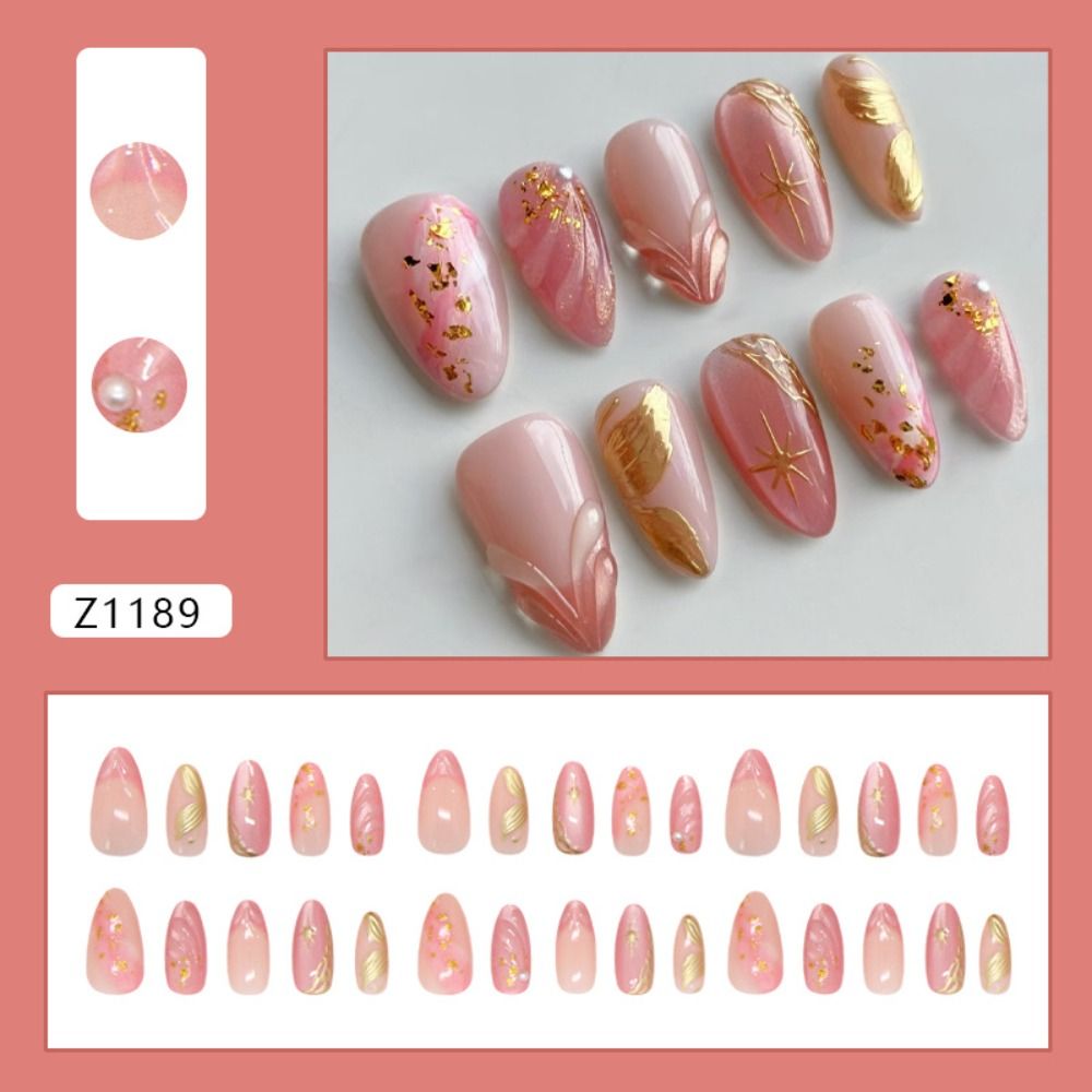 Manicure Long Almond False Nails French Aurora Press on Nails Gilding Flower Tomato Detachable Nail Tips Women