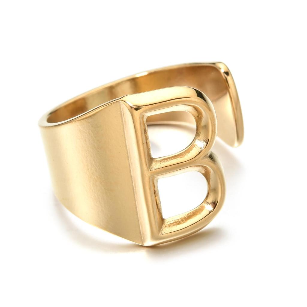 18K Gold Stainless Steel Letter Ring – Fashionable Open European & American Style, Women's Adjustable Titanium Steel Ring