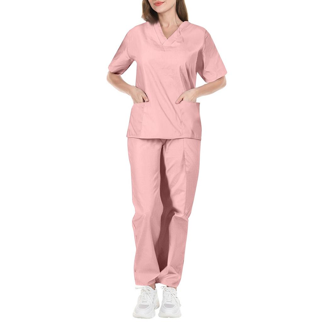 Women's Fashion Solid Short Sleeve  Pattern Tops Pocket Working Set