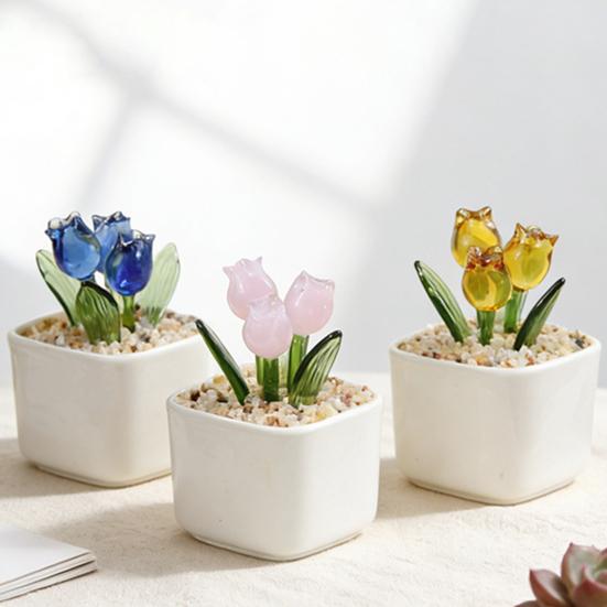 Mini skleněná figurka tulipánu Ručně foukaná miniaturní květina z umělého křišťálu v květináči pro ženy, maminku, svatbu, Den matek, kancelář, domov, středový díl stolu