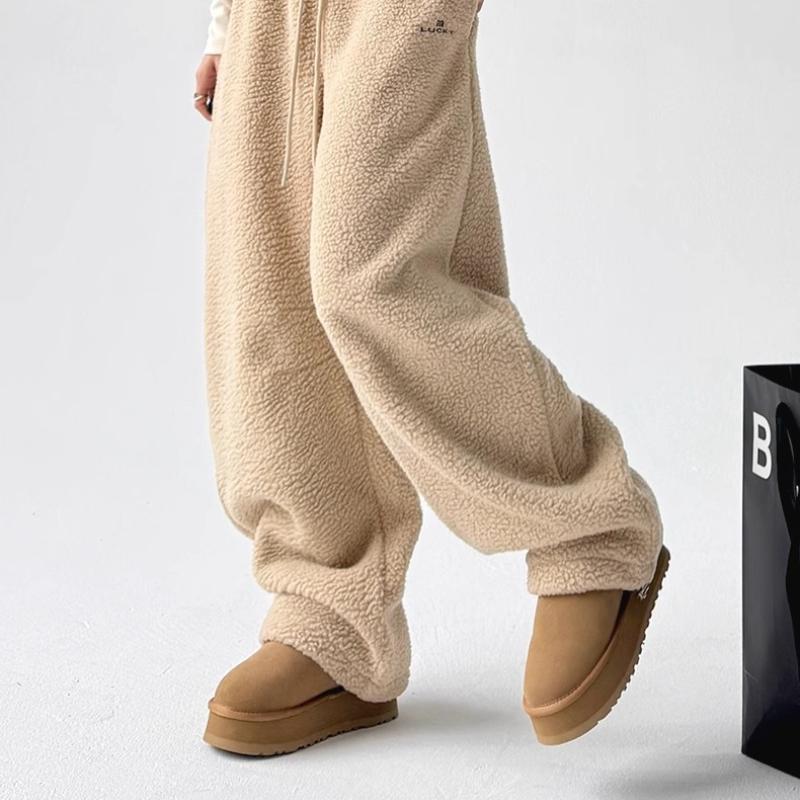Simple Women's Thickened Pants Elastic Waist Polar Fleece Drawstring Straight Bottom Wide Leg Female Trousers Autumn Winter