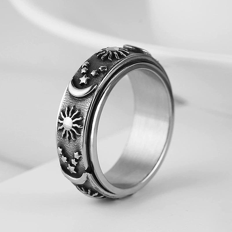 Star Moon Sun Rotating Titanium Steel Ring Unisex Bohemian Relief Anxiety Jewelry Accessories