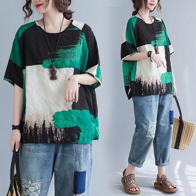 2025 Summer Women's Cotton Linen Slimming Plus Size Short Sleeve T-shirt