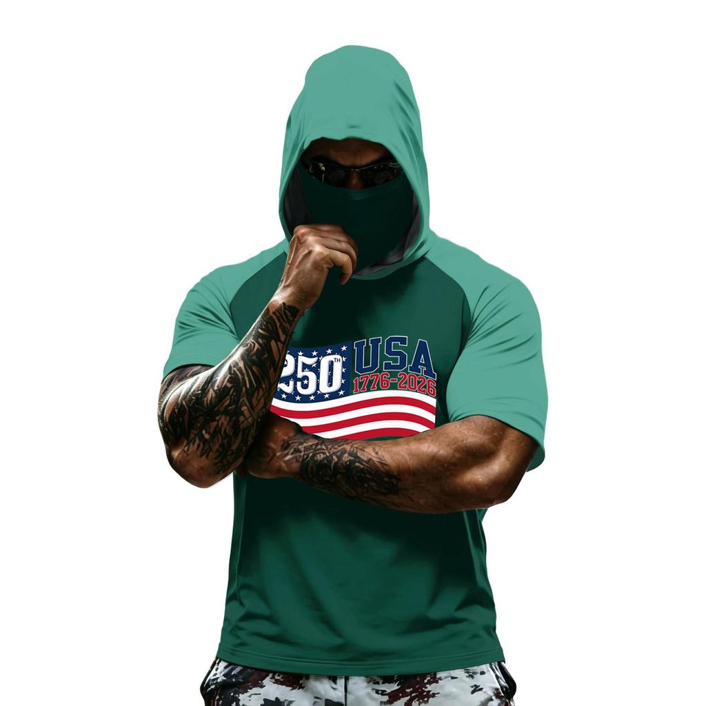 Men's Summer Camouflage Gradient Drying Short-sleeved T-shirt, Sun Clothing, Fishing, Fitness, Sports, Hooded Short-sleeved Shirt