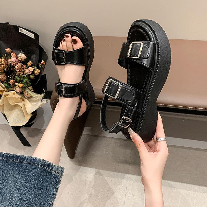 Muffin thick-soled one-word sandals women's summer new belt buckle versatile student casual Roman shoes
