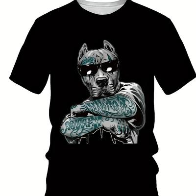 Stylish Dog Print, Men's Graphic Design Crew Neck Novel T-shirt, Casual Comfy Tees Tshirts For Summer, Men's Clothing Tops For Daily Vacation Resorts