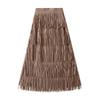 Qooth Women Tassel Splicing Pleated Skirt Elegant Elastic Waist All Match A-line Long Skirt For Spring Summer QT2140
