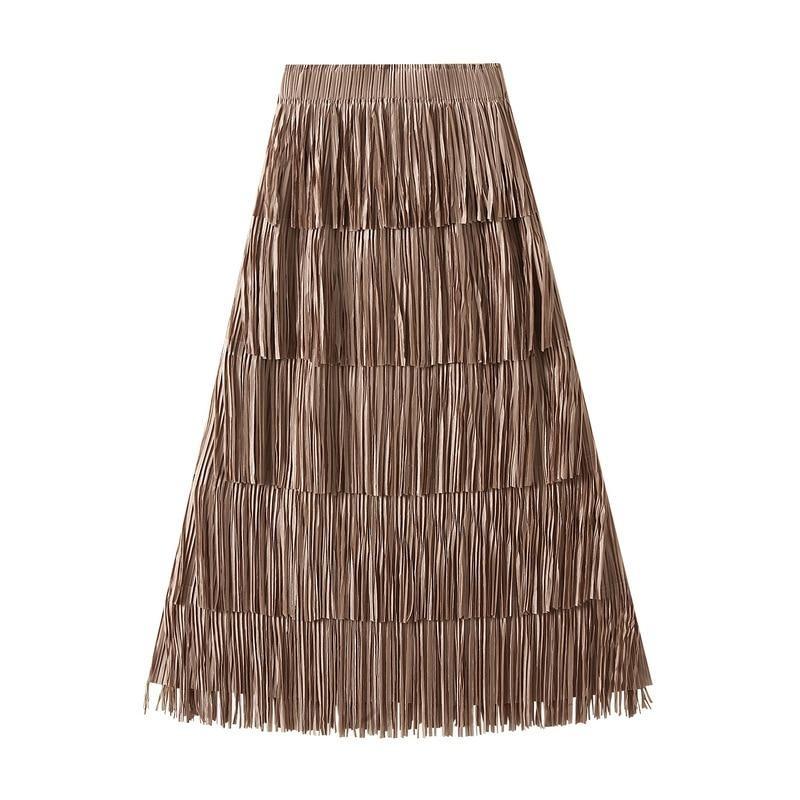 Qooth Women Tassel Splicing Pleated Skirt Elegant Elastic Waist All Match A-line Long Skirt For Spring Summer QT2140