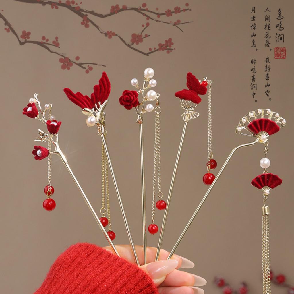 Vintage Chinese Style Rose Hairpin For Women Red Flower Element Tassel Hair Stick Elegant Exquisite Handmade Hair Accessories