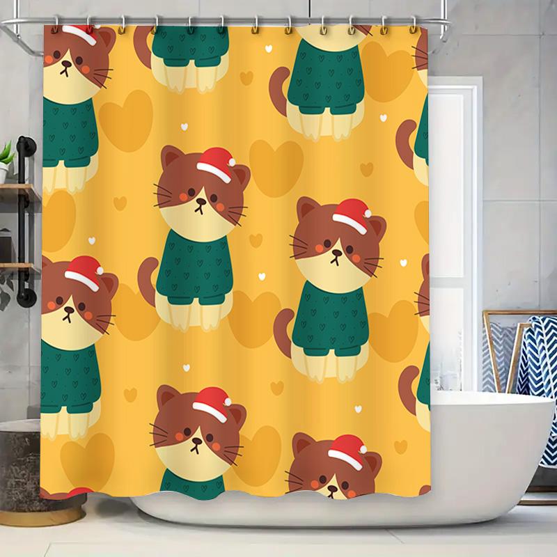 

Christmas-Themed Shower Curtains With A Cute Cat Pattern Yellow Color, Green Sweater Design For Bathroom Decoration Purposes (St W60H190(CM)-1 Pcs