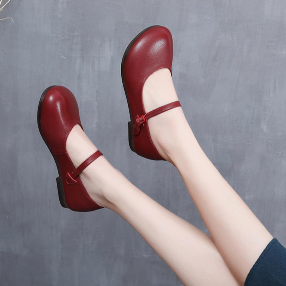 Pantofi Retro Handmade cu Talpă Plată, Piele Naturală, Talpă Moale, Confortabili, Pantofi pentru Persoane de Vârstă Mijlocie și Vârstnici, Pantofi Simpli de Damă de Primăvară și Toamnă