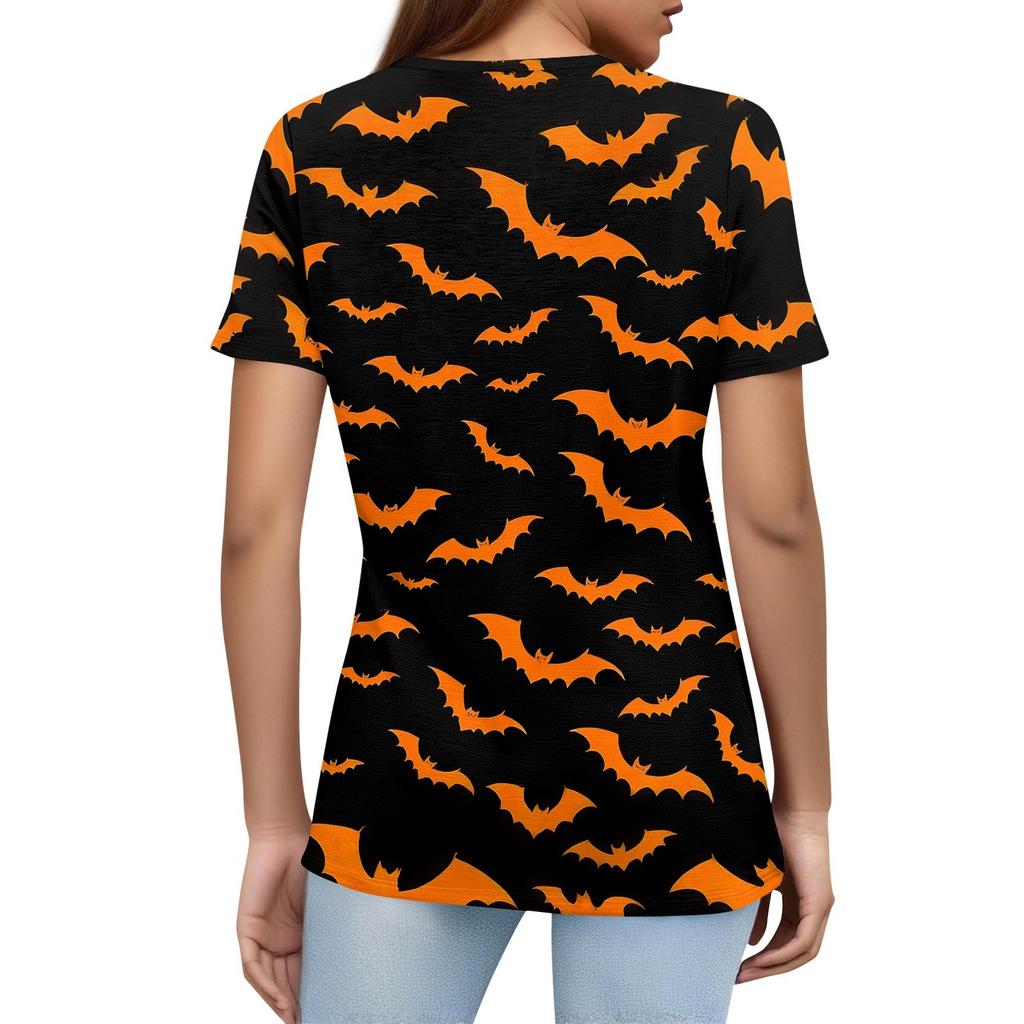Women's T Shirt Halloween Print Button Short Sleeve Daily Weekend Fashion Basic V- Neck Regular Top