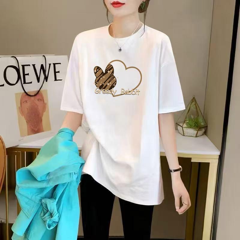 Short Sleeve Women's Medium and Long Hip Cover T-Shirt Summer Crew Neck Black Cotton T-Shirt Loose Large Top