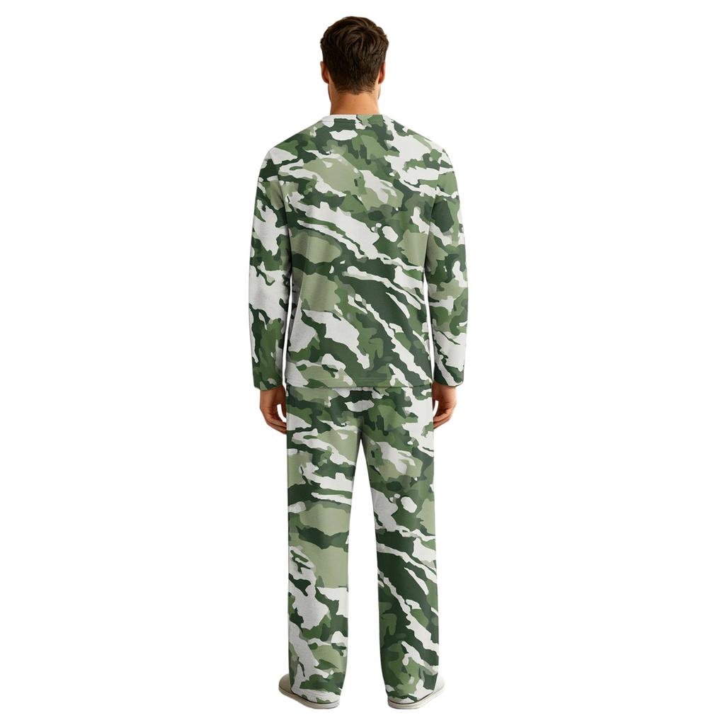 Men's Long Sleeve Pajama Set with Button Crotch and Elastic Drawstring Waist Pants for Home Loungewear