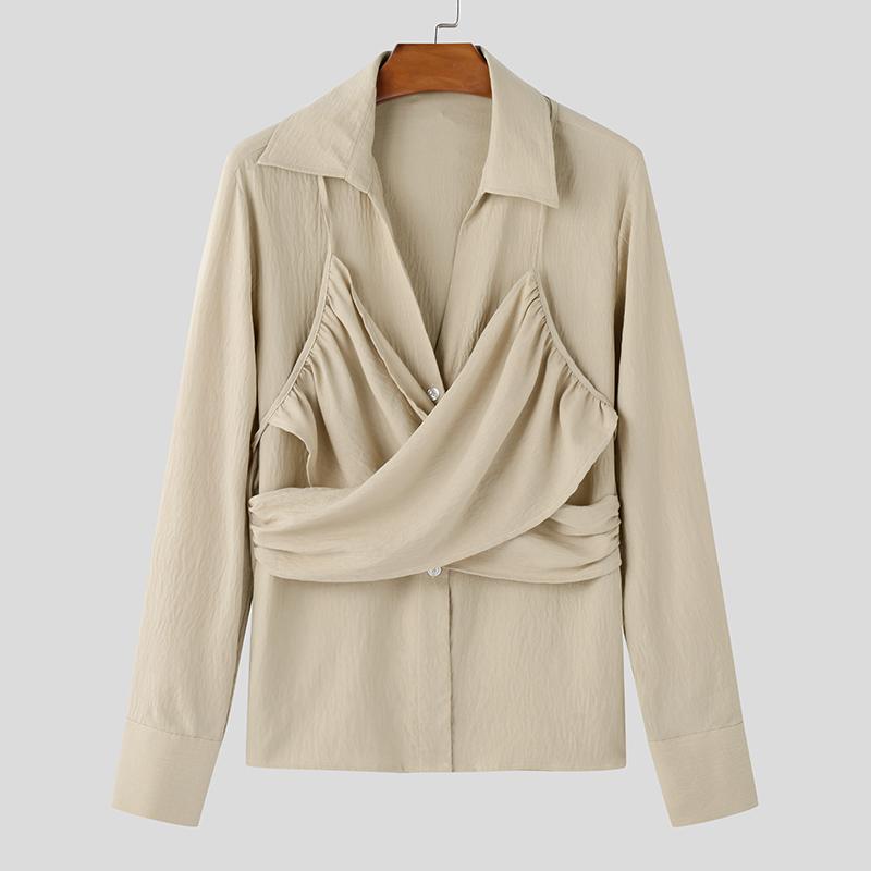 

INCERUN Men Lapel V Neck Long Sleeve Front Cross Texture Casual Shirts 4XL