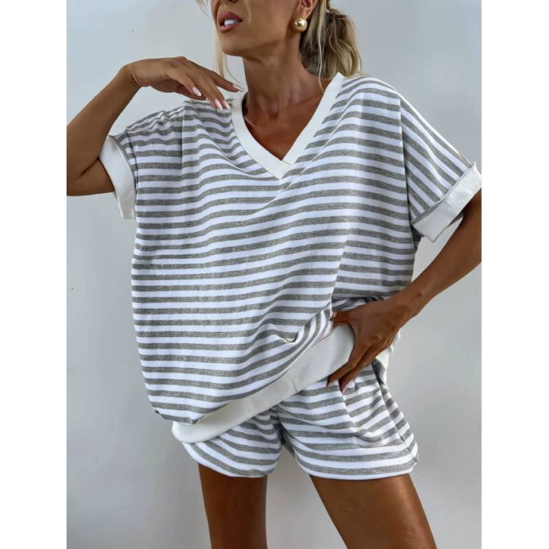 Womens Striped Knit Sweatshirt And High Waist Shorts Set With Patching For Casual Summer Wear