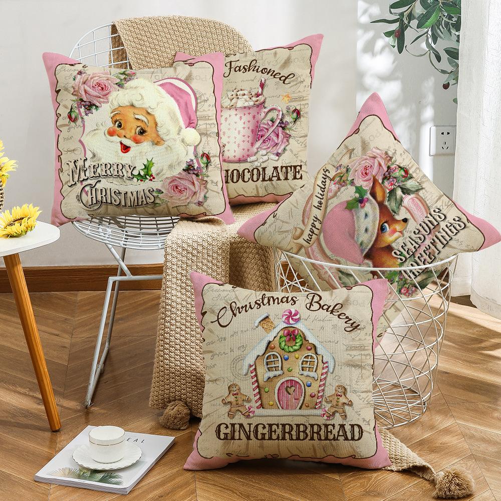 Pink Cute Santa Claus Pillowcase, Linen Print Pillow, Bedroom Bedside Cushion, Sofa Cushion, Festive Atmosphere