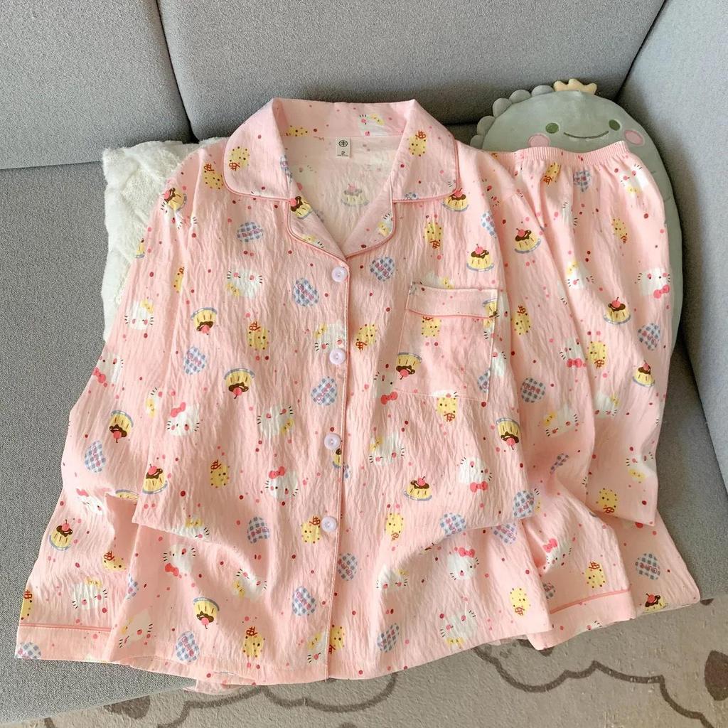 Cloud Cotton Cartoon Pajama Set: Long Sleeve Cardigan and Pants for Women