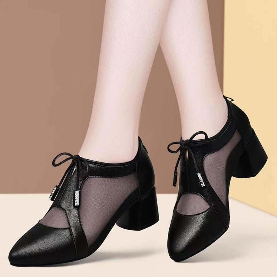 Летние сандалии мягкая кожа одиночные туфли женские летние четыре сезона толстый каблук заостренные сетка дышащие глубокие тонкие кожаные туфли 35 чёрный