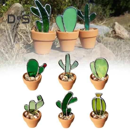 

Красочная фигурка кактуса в горшке, витраж ручной работы, миниатюрная статуя кактуса, скульптура, домашний офис, книжная полка, украшение для рабочего стола, орнамент F