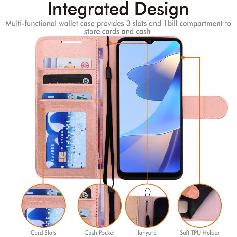 Leather Wallet Case for Oppo A16s, Flip Protective Case Cover with Wallet Card Holder, Stand & Wrist Strap - Rose Gold