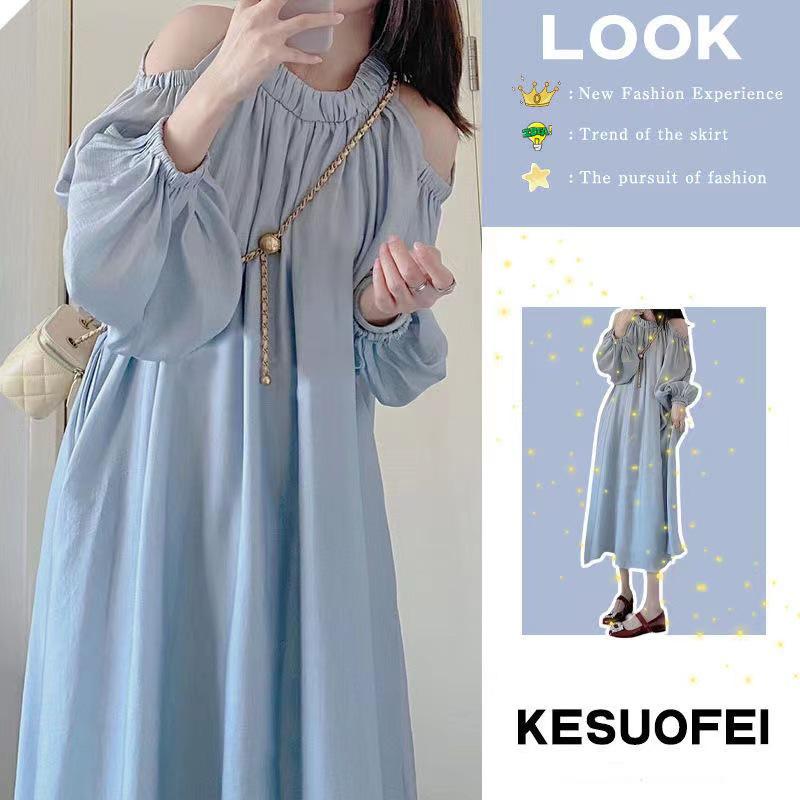 

Women s Blue French Puff Sleeve Off-Shoulder Slimming Summer Long Dress XXL