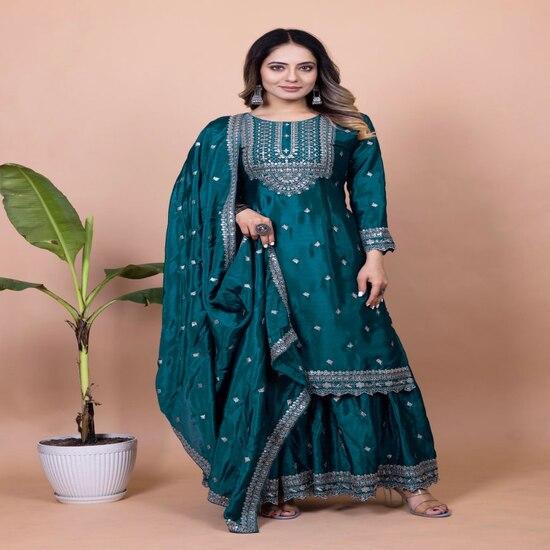 Dark Teal Embroidered Sharara Suit with Dupatta