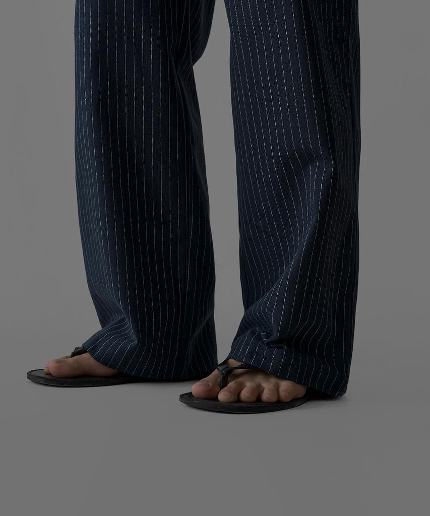 Baulopeulodeogteu Linen Striped Elastic Waist Pants [Navy]