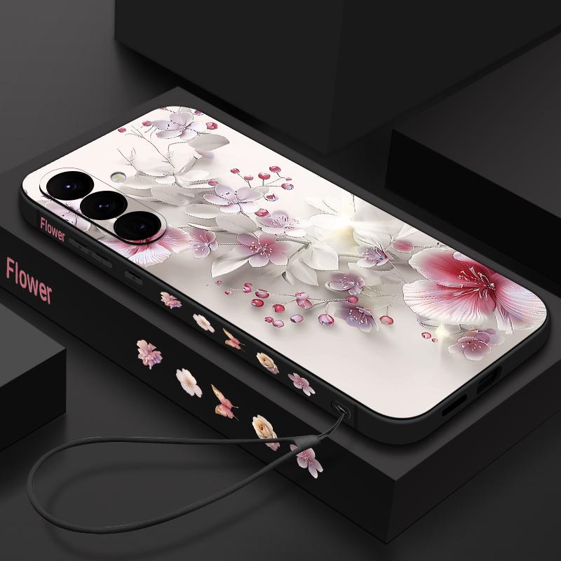 Soft TPU Case For Samsung Galaxy S25 S24 S21 FE S24 S22 S23 Ultra S22 Plus S25 Edge Pink Flowers Patterned Lanyard Phone Cover
