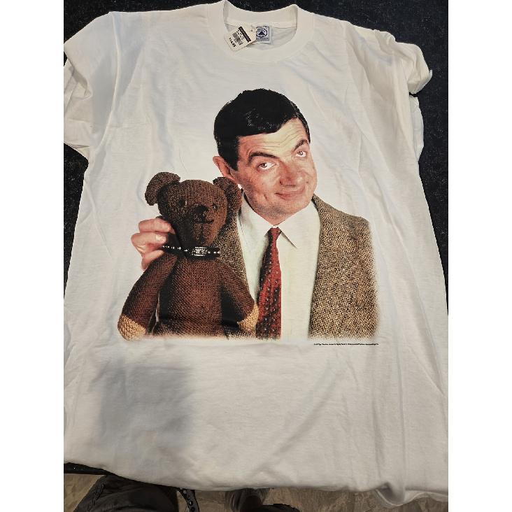 Men S Vintage 1997 Mr Bean Movie Graphic T-Shirt - Rare Collectible White Tee with Iconic Mr Bean & Beanbag Bear Print, Casual Round Neck Regular Fit S белый