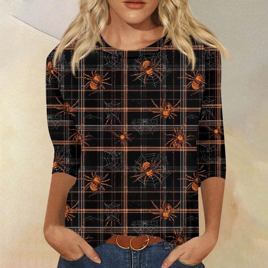 Women's Fashionable Casual Three-Quarter Sleeve Halloween Print Round Neck Top