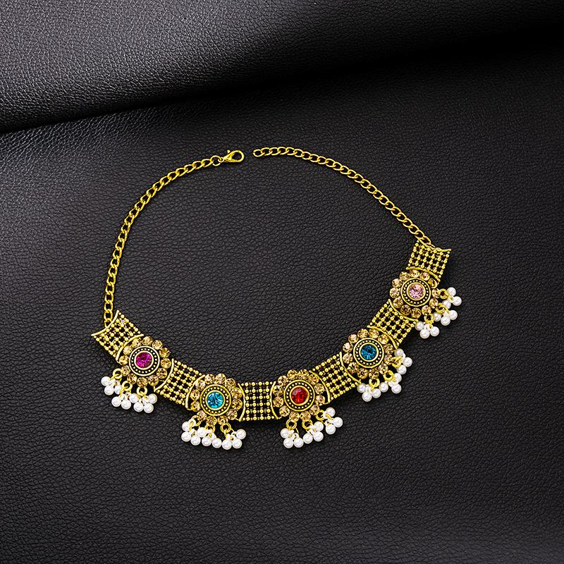 Bohemian Gemstone Necklace Set, Light Luxury Hollow Fringed Pearl Stud Earrings, Retro Literary Temperament Accessories