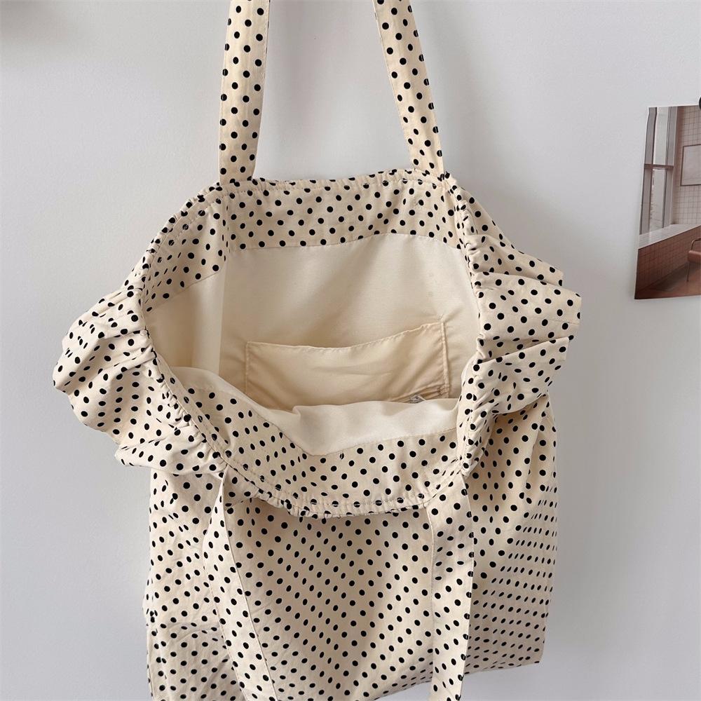 Retro Dot Women's Canvas Shoulder Bag Ruched Design Ladies Commute Shopping Bags Large Capacity Female Travel Tote Purse Handbag