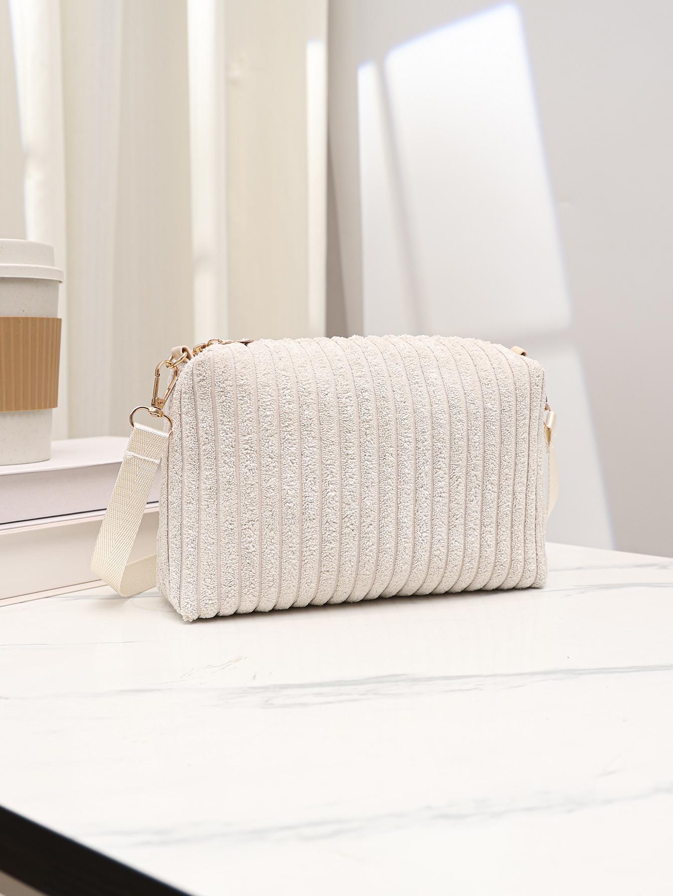 Plush Simple Small Square Bag, Mobile Phone Bag, Versatile Striped, Compact Handheld Shoulder Bag