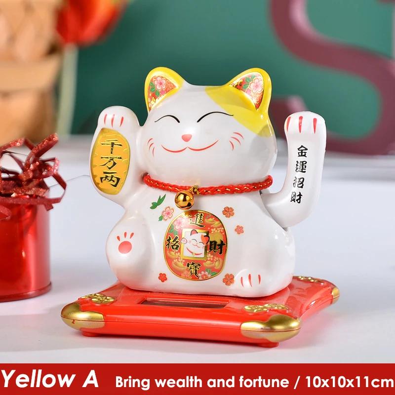 4.5 Inch Ceramic Beckoning Lucky Cat Solar Powered Fortune Cat Waving Arm Maneki Neko Gift Box Home Decoration Zen Centerpiece
