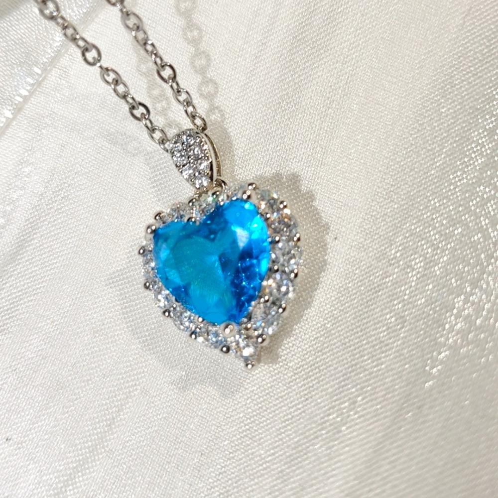 925 Sterling Silber Stilvoller Exquisiter Meeresblau Zirkon Herz Anhänger Halskette Geburtstagsparty Jubiläumsgeschenk