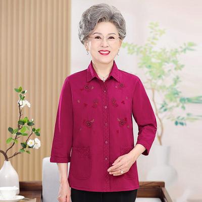 Elderly Women's Floral Eight-Sleeve Cotton Blouse
