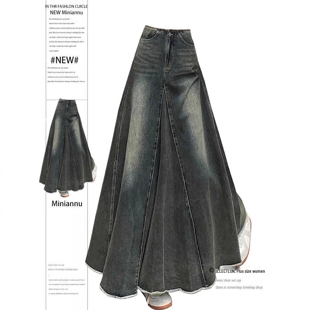 Plus Size Retro American-Style A-line Denim Skirt with Frayed Hem, High Waist, and Slimming Fishtail Design