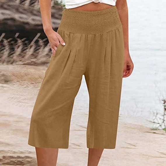 Summer Eurn Women's Cross-border Cotton Hemp Seven Waist Pocket Pocket Pocket Pocket Wide Leg Pants Woman