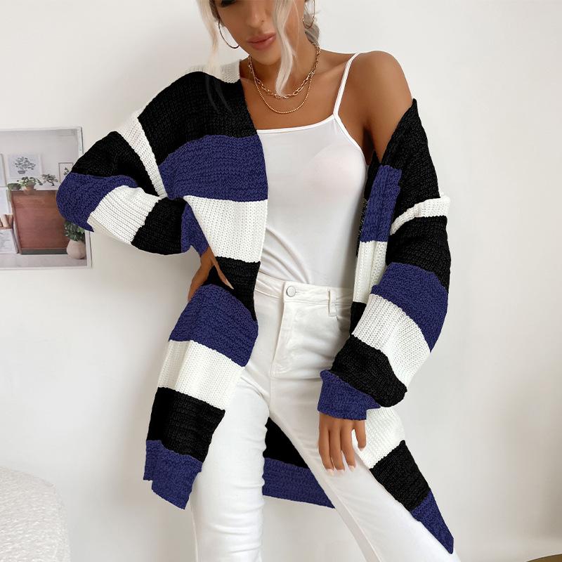 Casual Trend Versatile Autumn and Winter Women's Long Section Without Buttons Colorblocking Sweater Coat