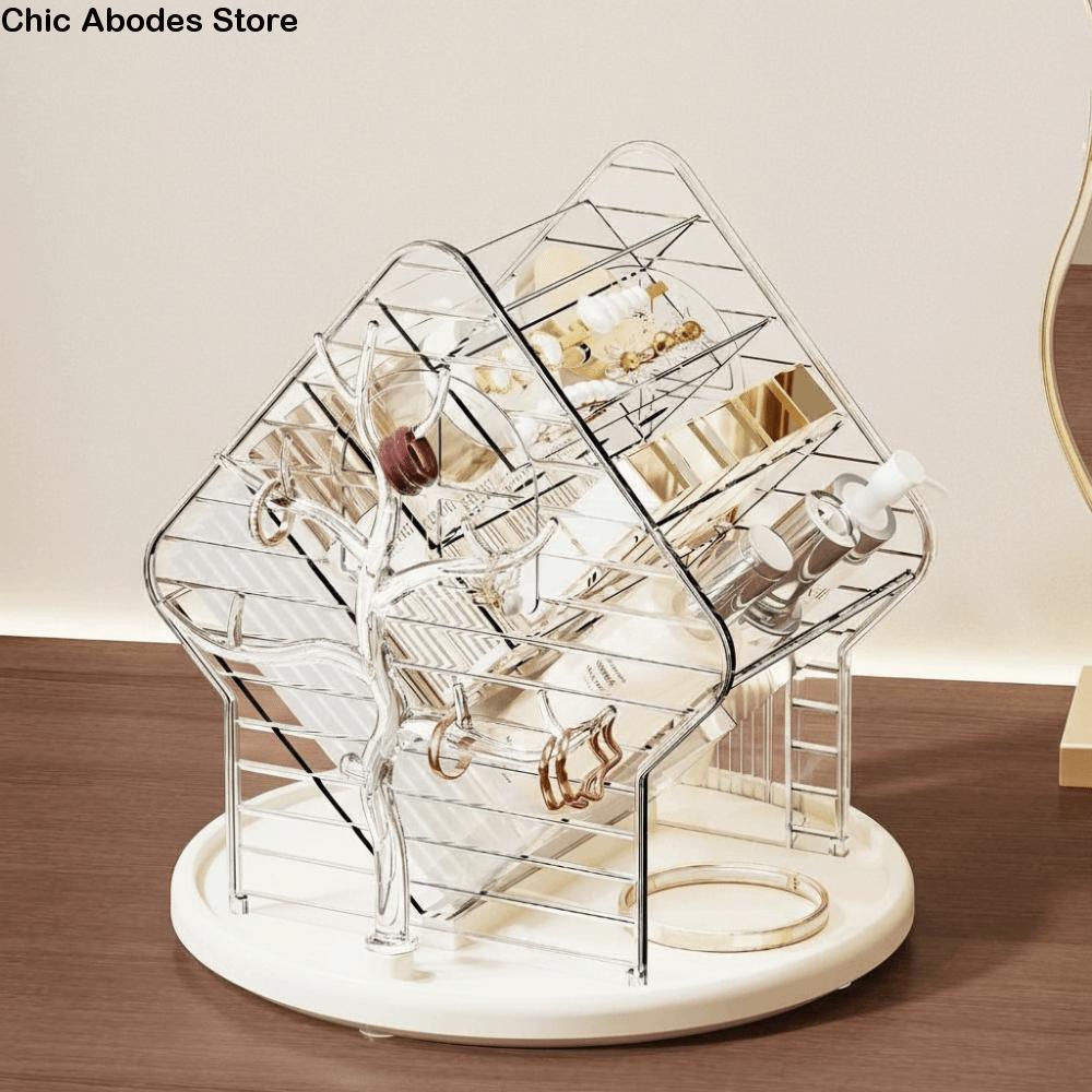 Large Capacity 360° Rotating Makeup Organizer Divided Space Saving Cosmetic Storage Box Plastic Non-Slip Makeup Storage Rack